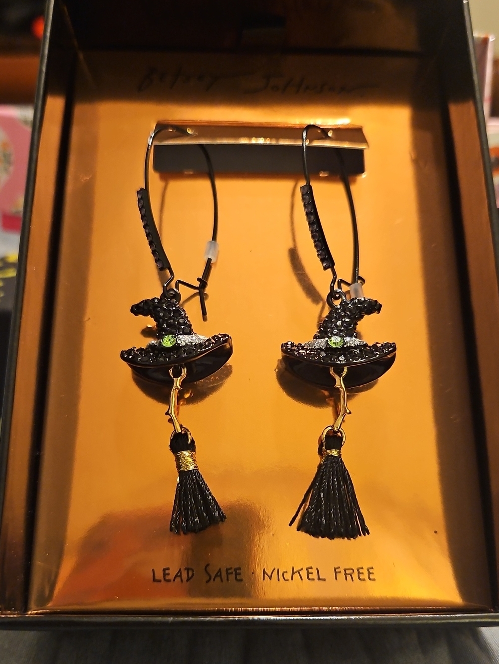 NWT Betsey Johnson Witch Hat Tassel Dangle Earrings Black Halloween
